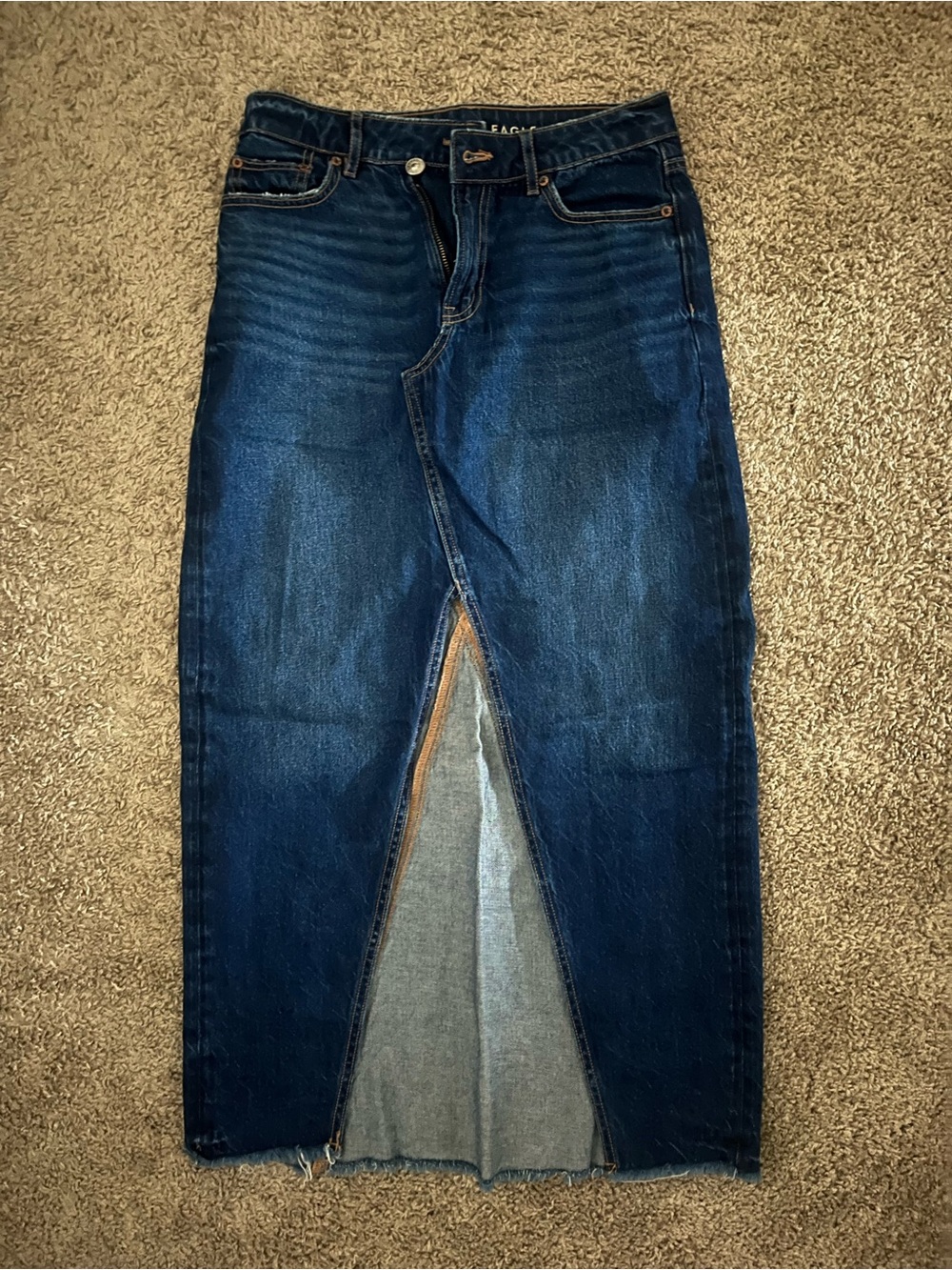 American Eagle High-Waisted Front-Slit Denim Midi Skirt Dark Wash
